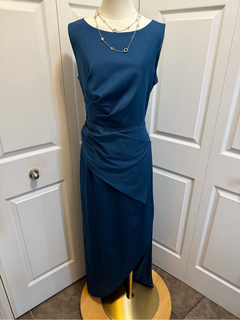 Kay Unger Felix Draped Column Gown Teal Blue Sleeveless